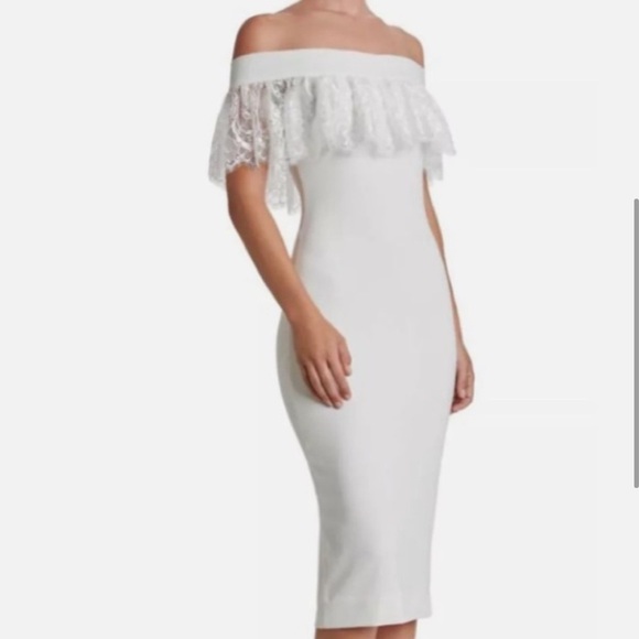 Dress the Population Alice Off the Shoulder Lace Midi Dress in Ivory Size Small - Picture 4 of 9